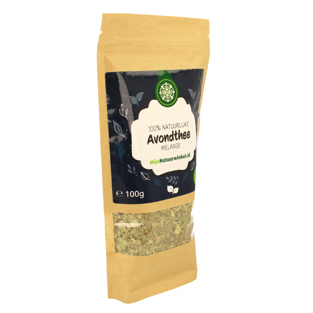 MijnNatuurwinkel Avond thee in 100g package, herbal tea blend for relaxation, shown in a natural setting.