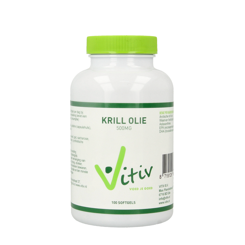 Vitiv Krillolie 500mg Antarctic softgel capsules, omega-3 fatty acids, dietary supplement in a clear bottle.