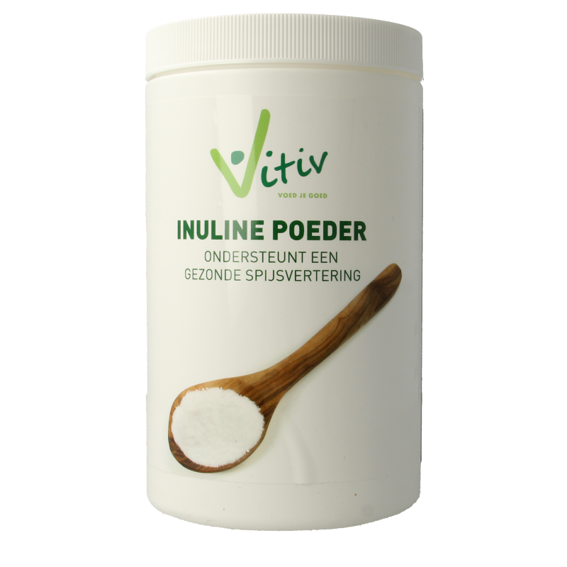 Vitiv Inuline poeder 500g in kruidenpreparaten package, showing the powder and product label with barcode.