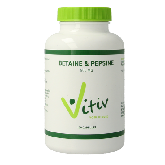 Vitiv Betaine HCL & pepsin amino acid capsules, 100-count bottle, supplement for digestive health and enzyme support.