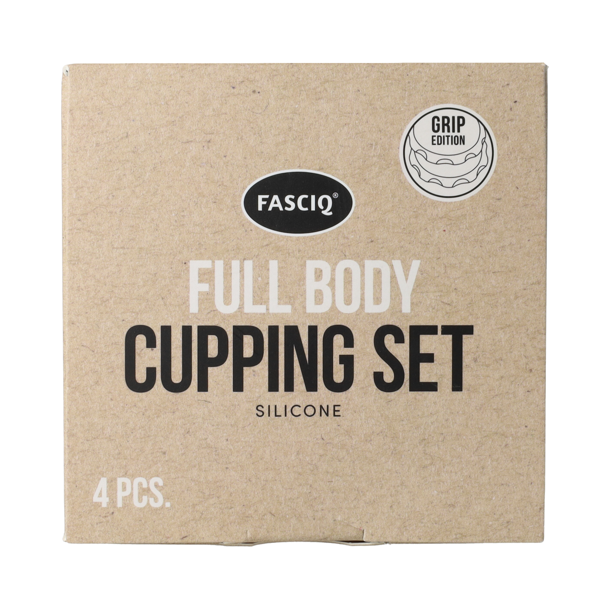 Fysiotape full body cupping set in box with four instruments, designed for physiotherapy and therapy treatments.