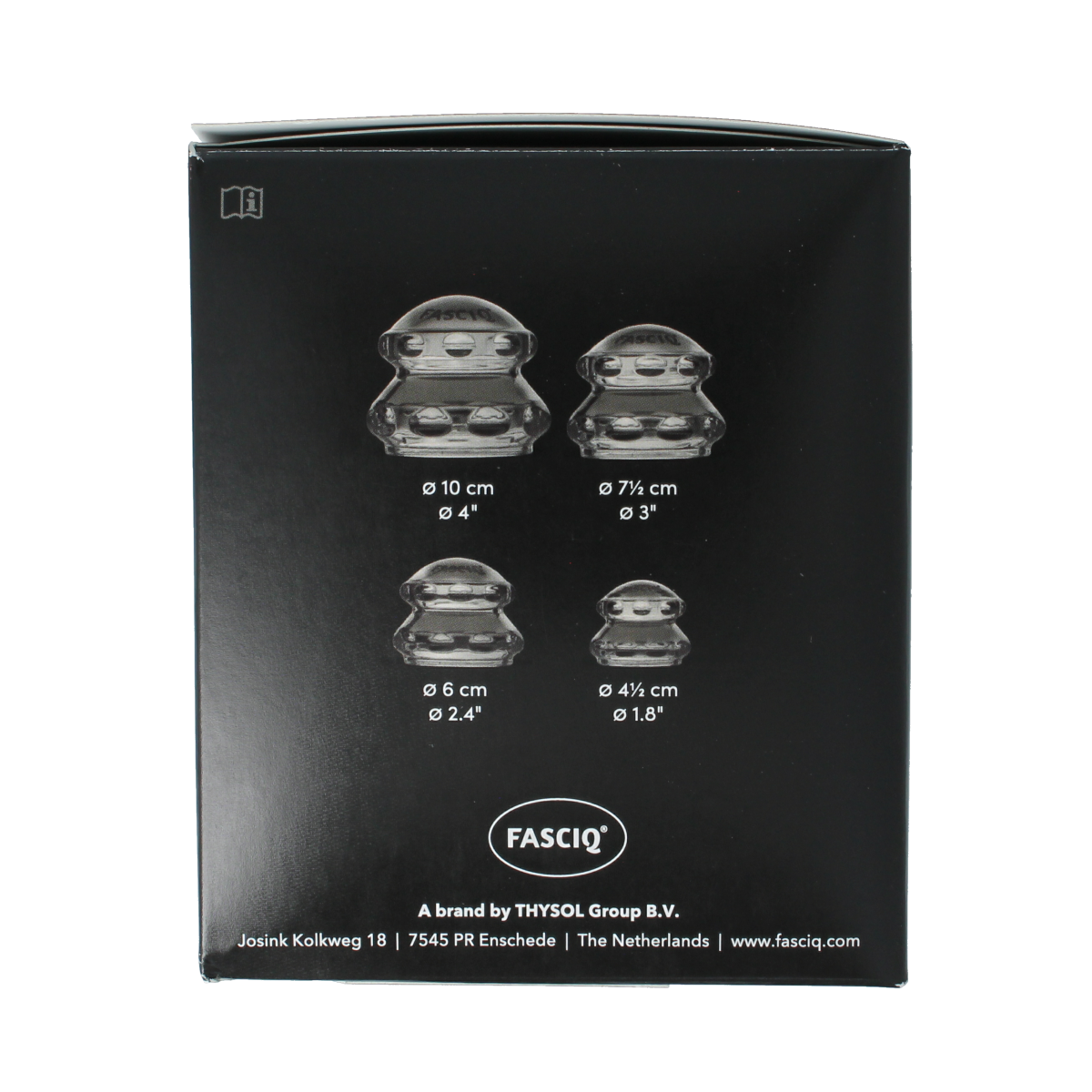 Fysiotape full body cupping set in box with four instrument cups, designed for physical therapy and massage therapy.