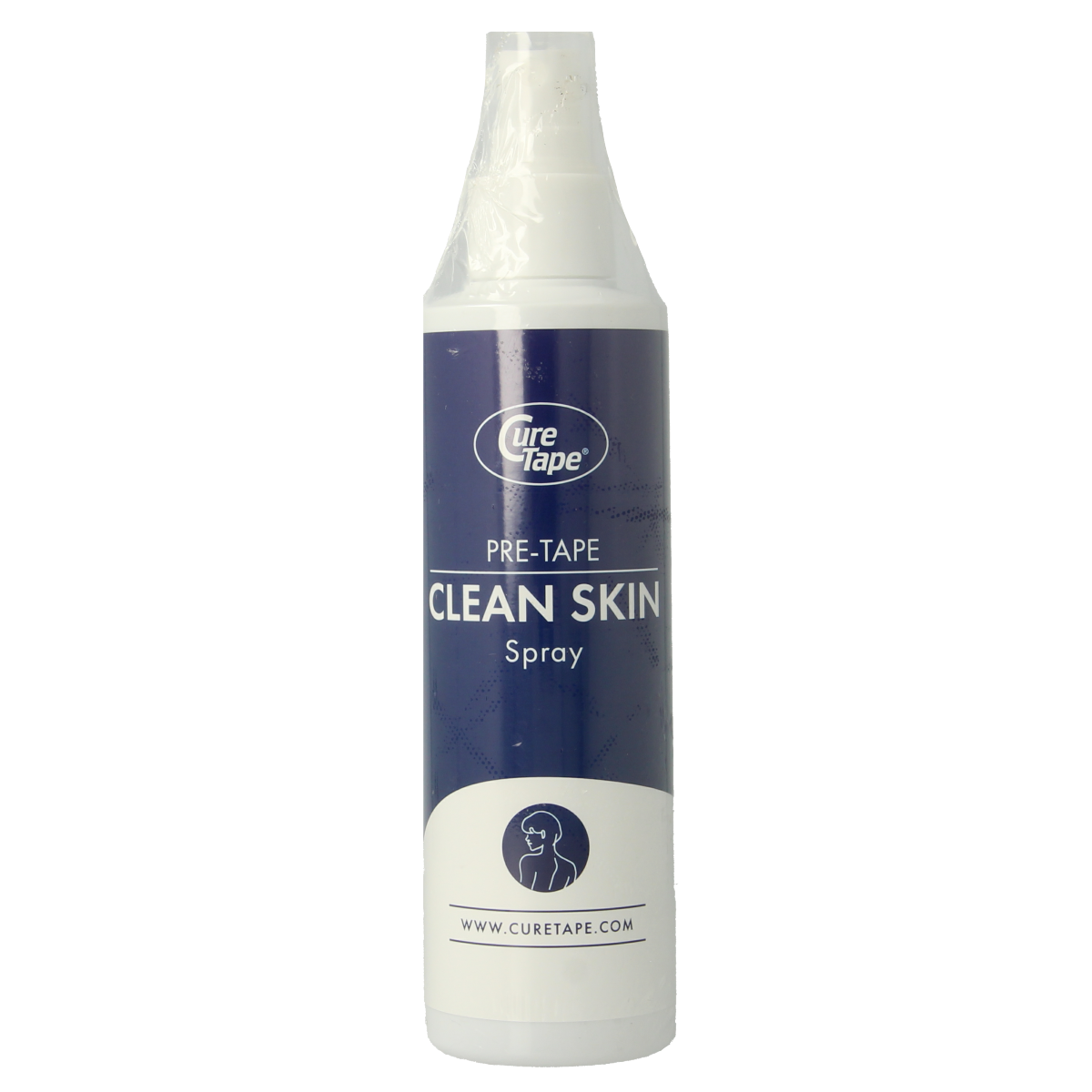 Cure Tape Clean Skin pre-taping spray in 200ml bottle, for skincare and joint care, with a spray nozzle and clear label.