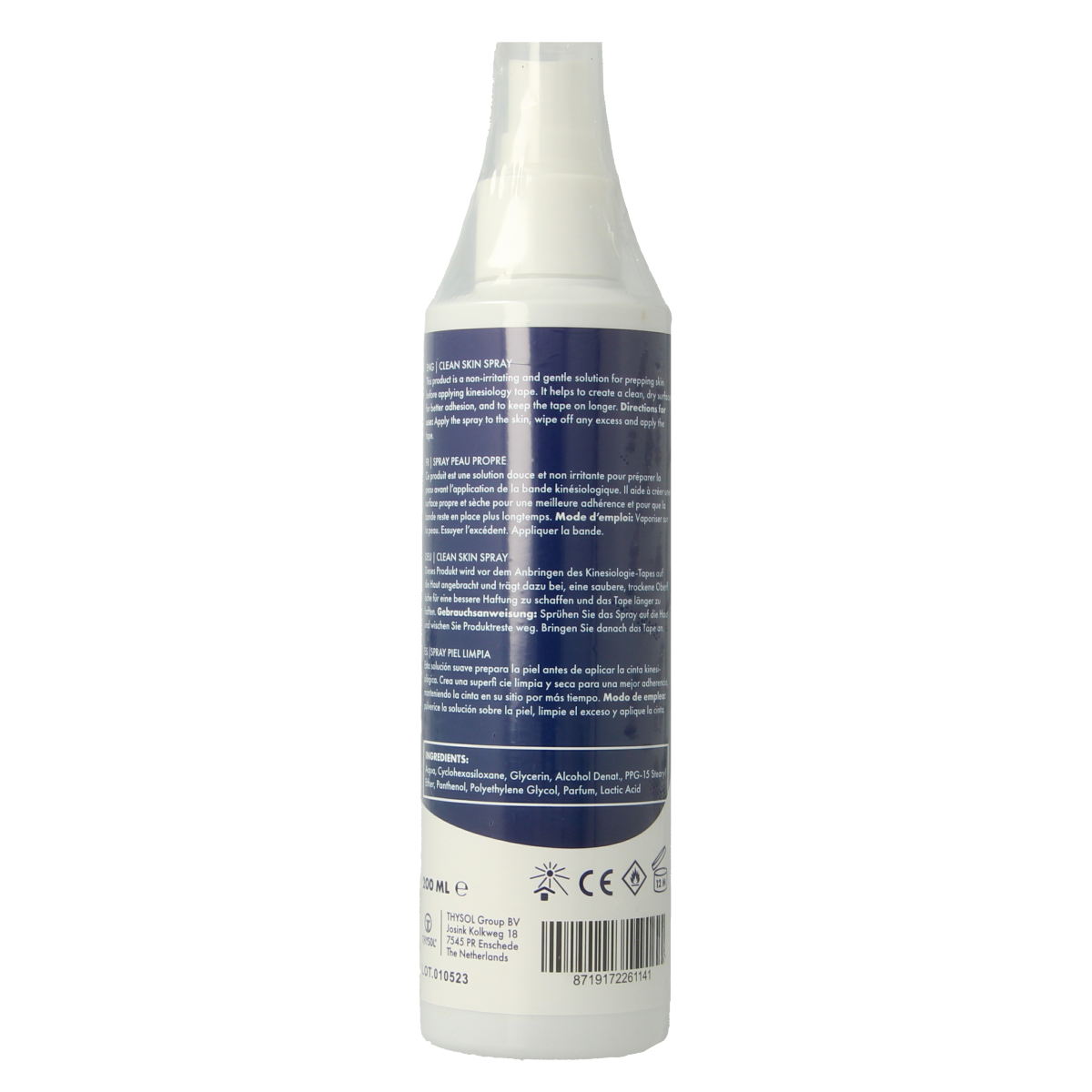 Cure Tape Clean skin pre-taping spray in 200ml bottle, for skin and joint care, with spray nozzle and label details.
