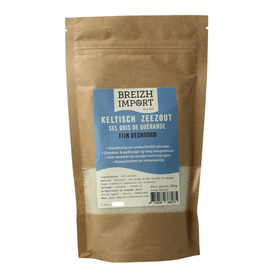 Breizh Import Fijn Keltisch Zeezout in 400g, fine sea salt crystals suitable for culinary use, branded by Breizh Import.
