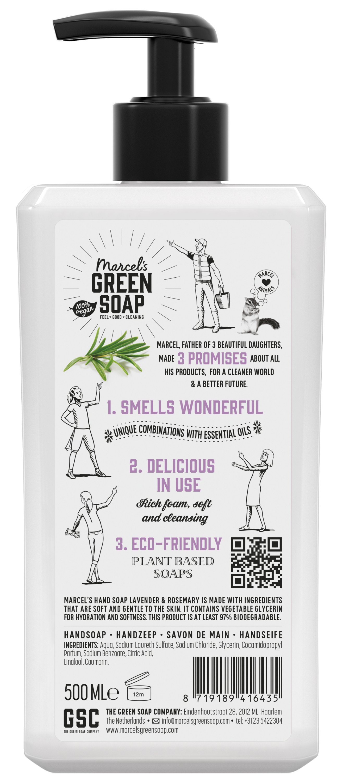 Marcel's Green Soap lavender and rosemary hand soap in a 500ml pump bottle, featuring a clear label and natural ingredients.