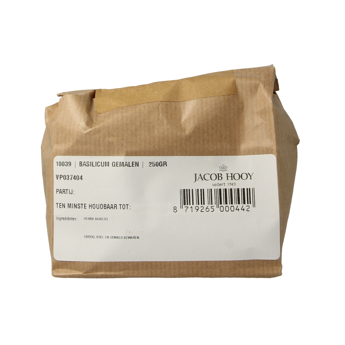Ground basil from Jacob Hooy, 250g, in a clear container, ideal for herbs, spices, and meal seasoning.