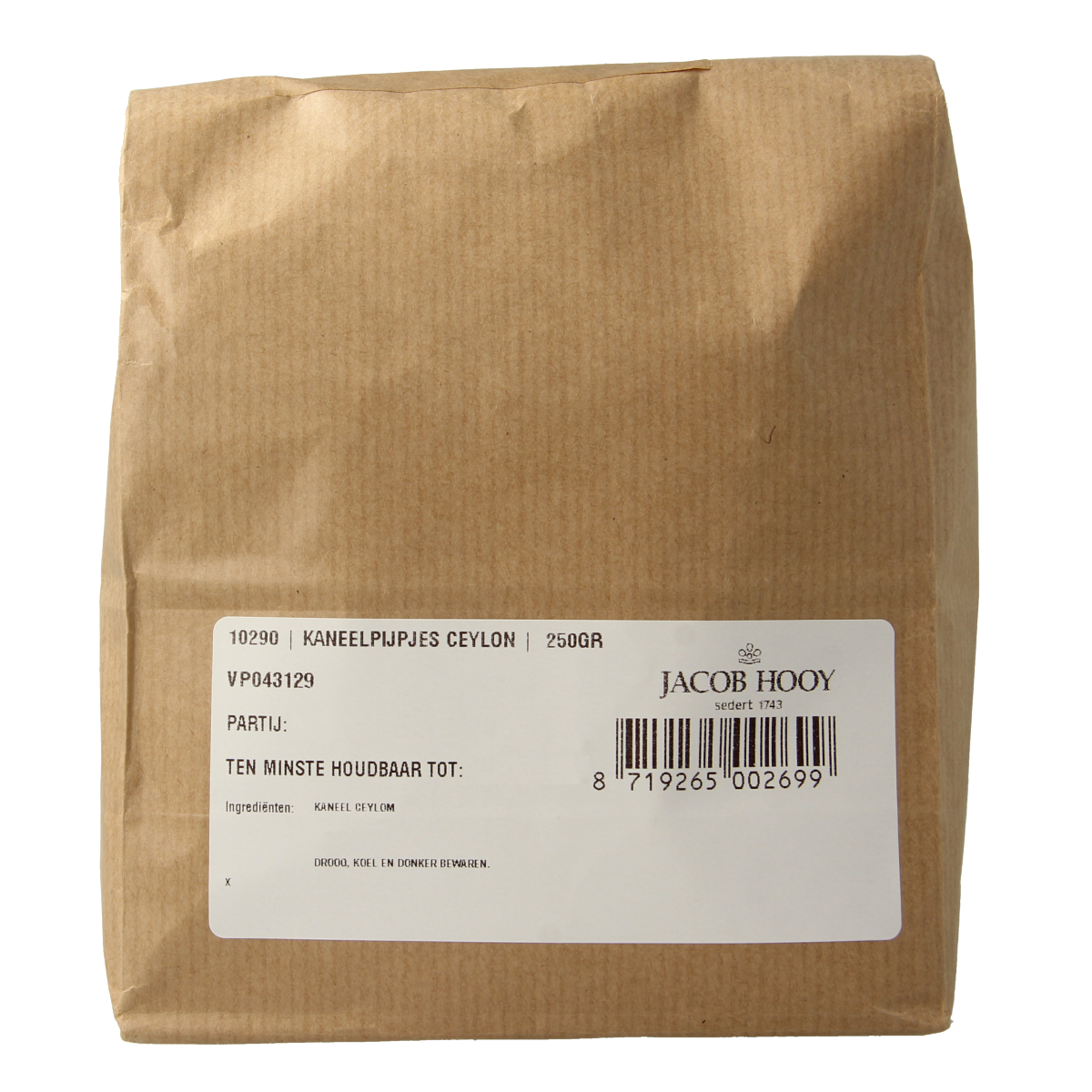 Jacob Hooy Ceylon cinnamon sticks in a 250g package, showcasing the aromatic spice with cinnamon quills and packaging.