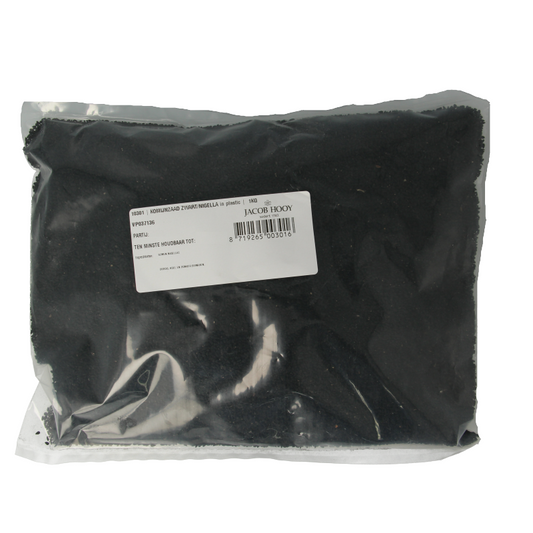 Black cumin seeds in a 1kg package from Jacob Hooy, used as herbs, spices, and flavorings for cooking.