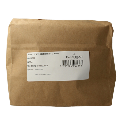 Jar of Jacob Hooy Kervel 250g fresh herb seasoning for cooking, part of the kruiden, zouten en maaltijdmixen collection.