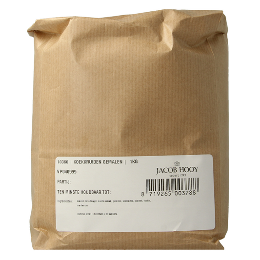 Jacob Hooy Koekkruiden 1kg, a jar of mixed baking spices with herbs for cooking and baking purposes.