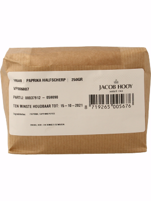Jacob Hooy Paprika halfscherp 250g, dried red paprika spice in a clear jar for cooking and seasoning.