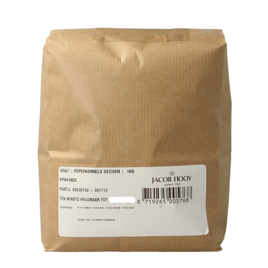 Jacob Hooy whole peppercorns in a 1kg bag, fresh spices for cooking, part of herbs, salts, and meal mixes collection.