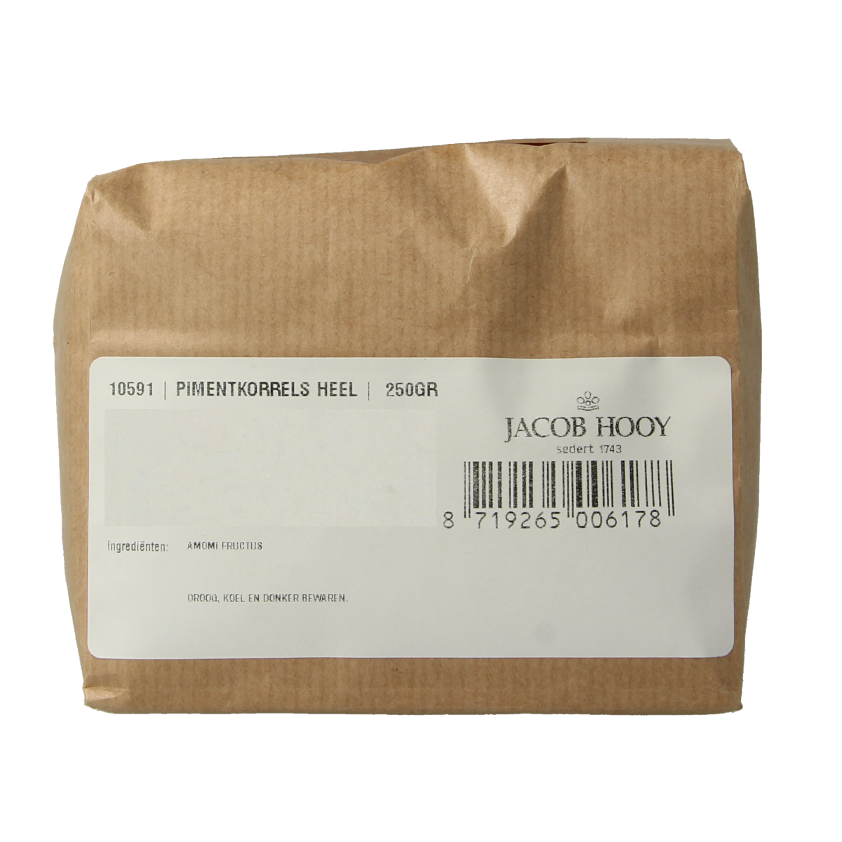 Jacob Hooy Pimentkorrels 250g, whole dried peppercorns for cooking, part of kruiden, zouten en maaltijdmixen collection.