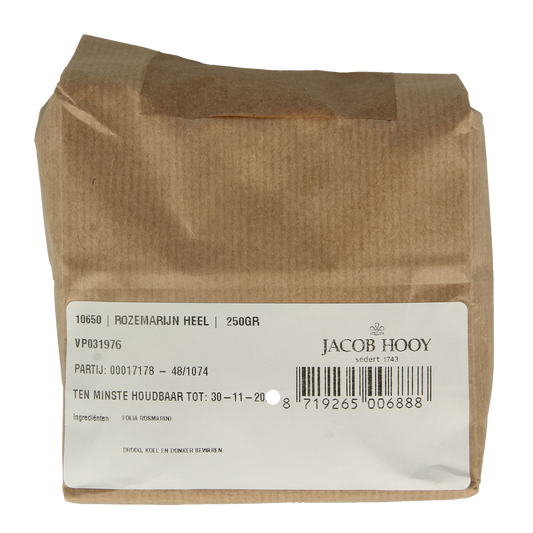 Jar of Jacob Hooy rosemary herbal seasoning in a 250g container, used for herbs, spices, and cooking ingredients.