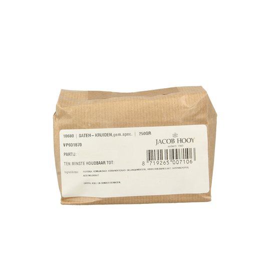 Jacob Hooy Sateh kruiden 250g, a blend of herbs and spices for authentic satay sauce preparation.