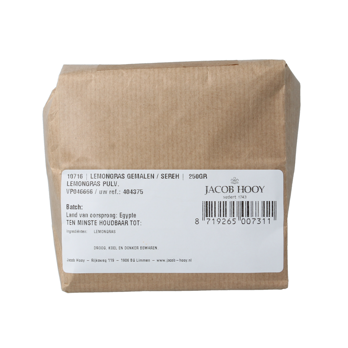 Jacob Hooy Lemongrass gemalen in 250g package, aromatic dried herb for cooking and seasoning, from kruiden, zouten en maaltijdmixen line.