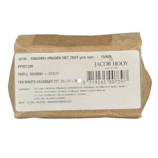 Jacob Hooy Shoarmakruiden 250g spice mix with herbs and seasonings for flavorful shawarma dishes.