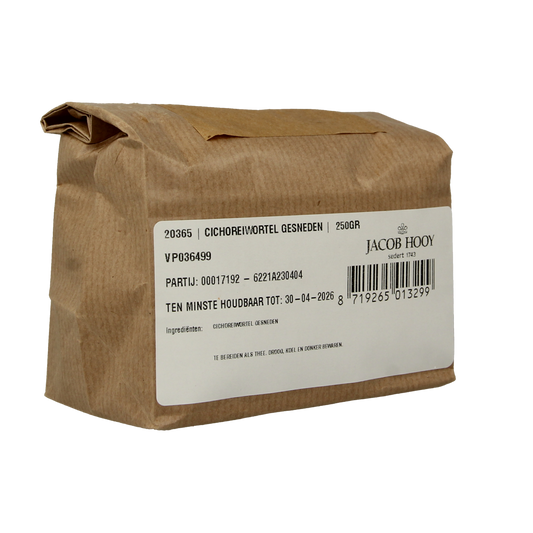 Jacob Hooy Cichorei wortel in 250g package, herbal root powder for brewing or cooking, shown in a clear, close-up image.