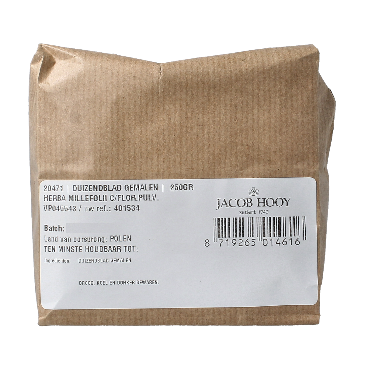 Ground Jacob Hooy duizendblad herb in a 250g bag, used as a spice or medicinal herb in cooking and natural remedies.