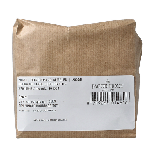 Ground Jacob Hooy duizendblad herb in a 250g bag, used as a spice or medicinal herb in cooking and natural remedies.