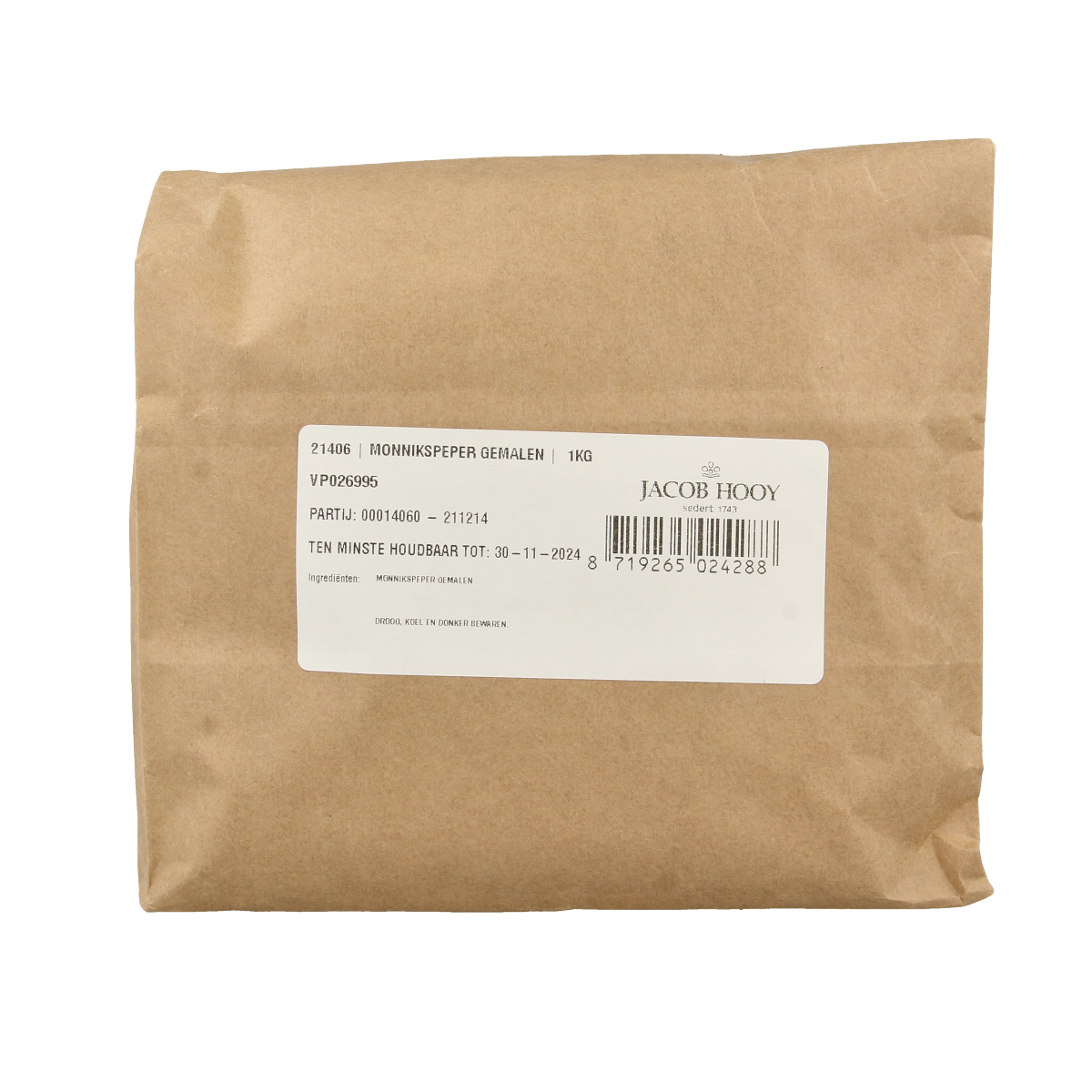 Ground Jacob Hooy Monnikspeper in a 1kg bag, a herbal spice used in cooking and seasoning.