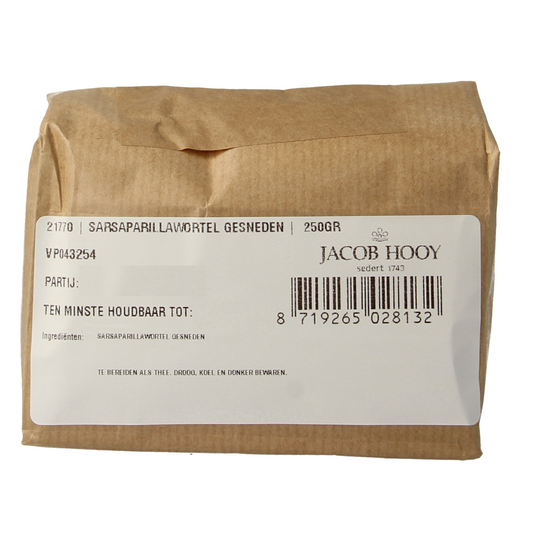 Jacob Hooy Sarsaparilwortel in 250g pack, herbal root used in kruiden, zouten, and maaltijdmixen for natural remedies.