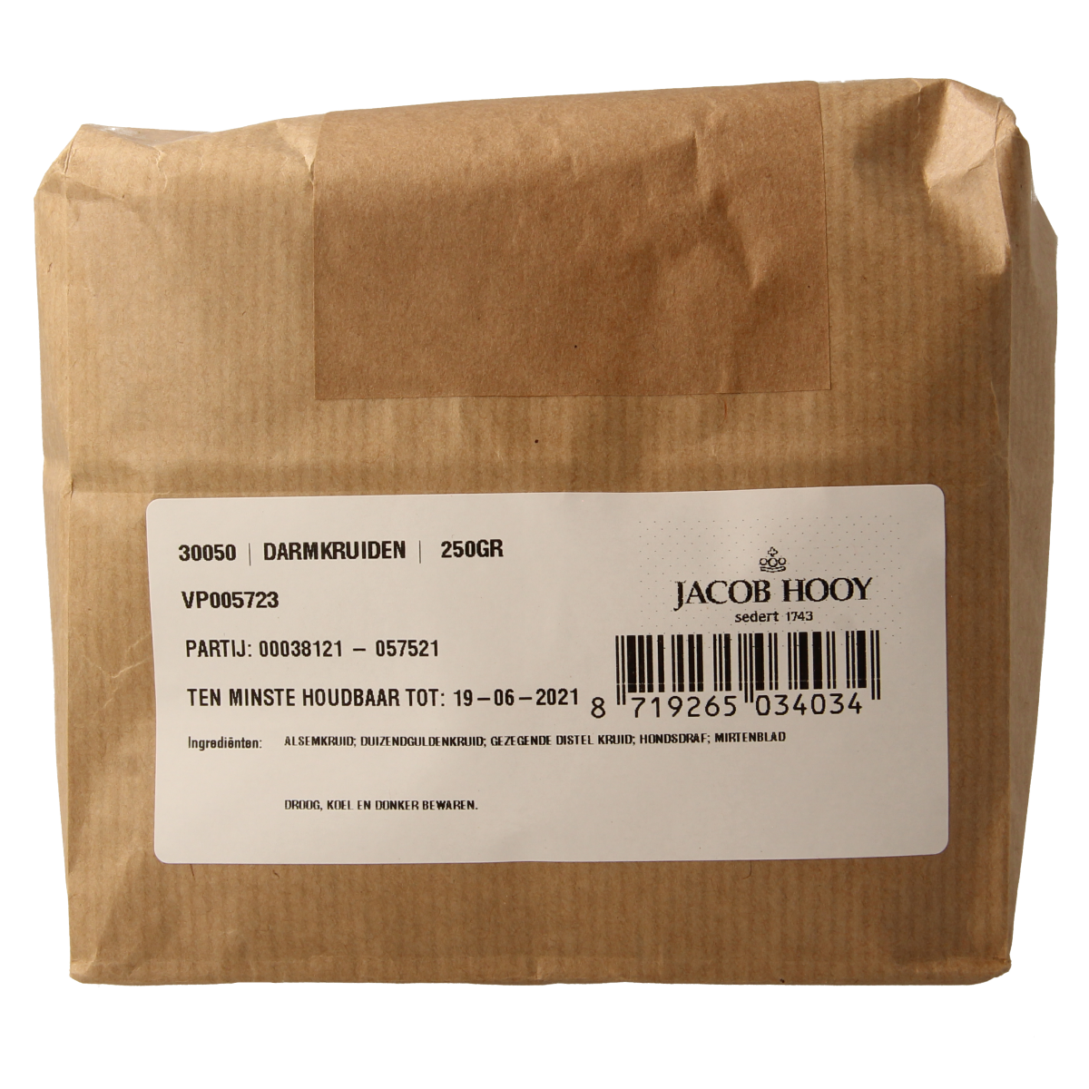 Jacob Hooy Darmkruiden herbal mix in a 250g package, used as a digestive spice blend for cooking and health purposes.