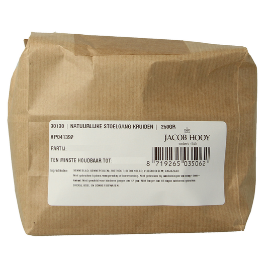 Jacob Hooy natural stool support herbal mix in a 250g package, featuring dried herbs and plant ingredients for digestive health.