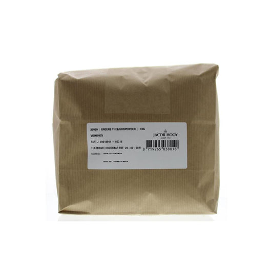 Jacob Hooy green tea gunpowder in a 1kg package, fresh loose leaf tea from the Koffie en Thee collection, with green tea leaves visible