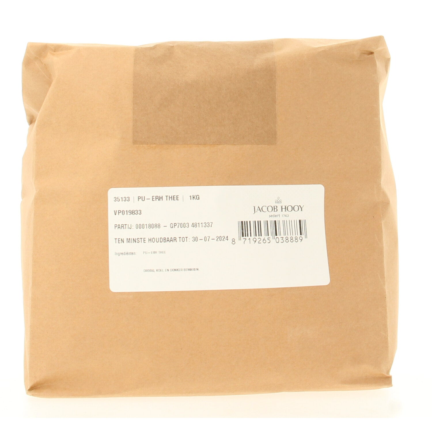 Jacob Hooy Pu Erh tea in a 1kg package, featuring traditional Chinese tea leaves for rich, earthy flavor.