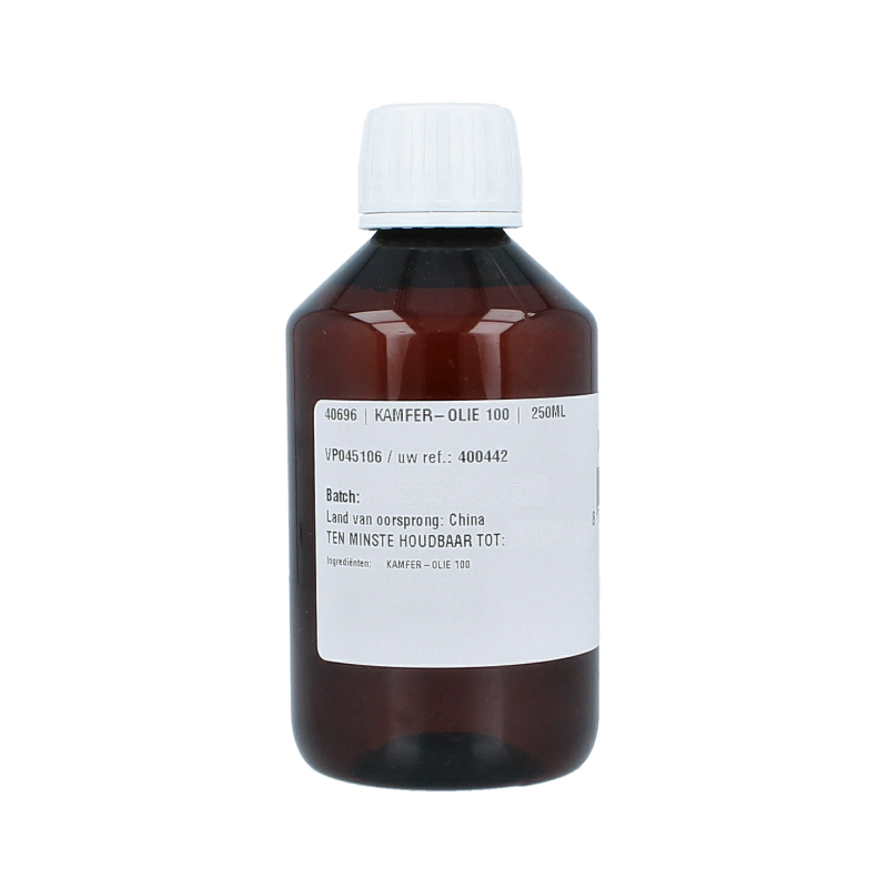 Jacob Hooy Kamfer olie in a 250ml bottle, natural etherische olie with a clear liquid appearance and label details.