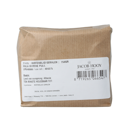 Ground mirt leaf powder from Jacob Hooy in a 250g package, used as a herbal ingredient in spices and meal mixes.