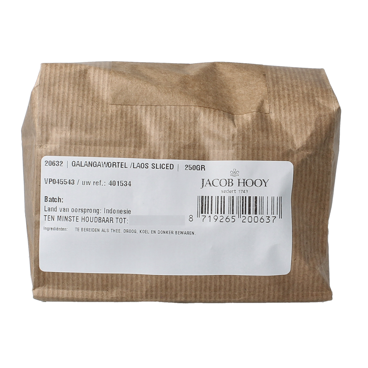 Sliced Jacob Hooy Galangawortel (galangal root) in 250g package, a herbal ingredient used in cooking and traditional remedies.