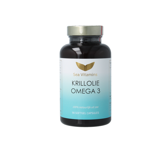 Sea Vitamins Krill Oil Omega-3 vegetarian capsules, softgel with red and gold packaging, rich in omega-3 fatty acids.