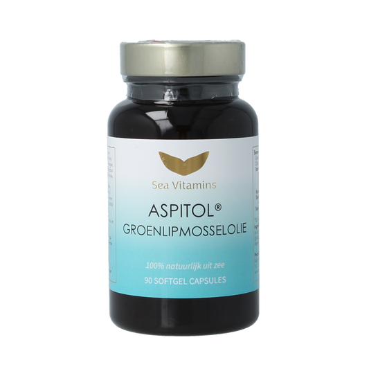 Sea Vitamins Groenlipmosselolie aspitol vegetarian capsules, dietary supplement with green-lipped mussel oil, natural health support.