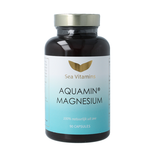 Sea Vitamins Aquamin magnesium vegetarian capsules, mineral supplement in a white bottle with green label and capsules inside.