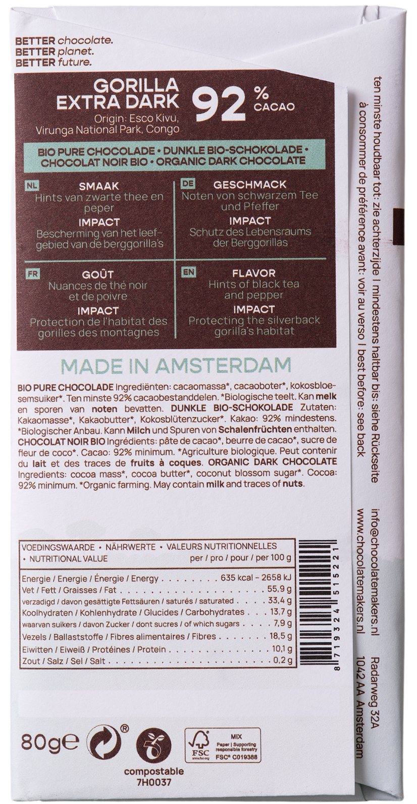 Chocolatemakers Gorilla extra puur 92% bio 80 Gram