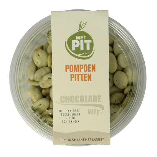 White chocolate pumpkin seed snacks by Met PIT, 150 grams, showing a close-up of the crunchy, coated pumpkin seeds.