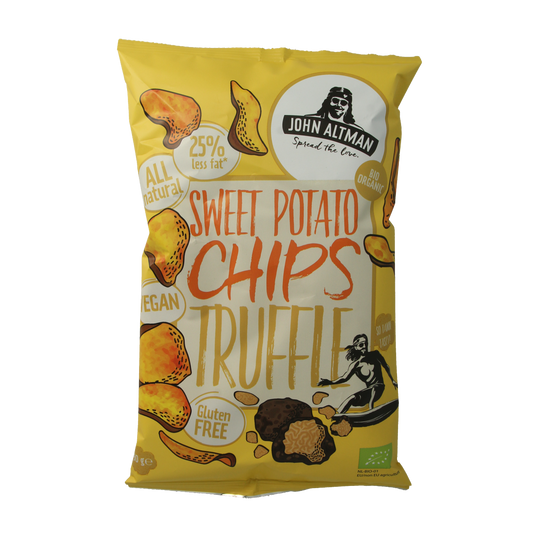John Altman organic sweet potato chips with truffle flavor in a 90g bag, showcasing crispy chips with truffle seasoning.