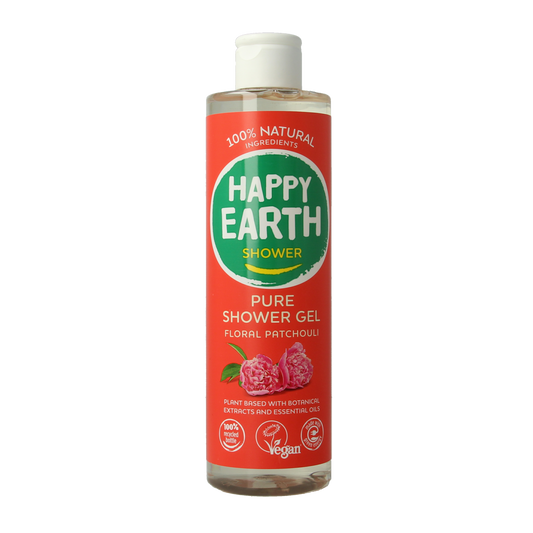 Happy Earth Pure floral patchouli shower gel in 300ml bottle, natural bad en douche with floral and earthy scent.