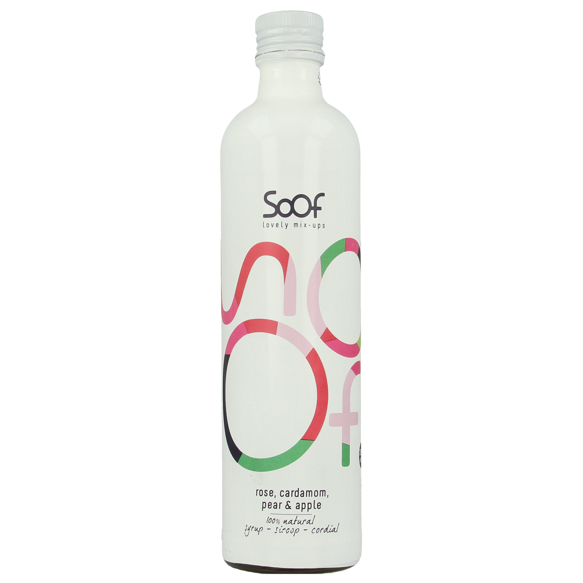 Soof Drinks Kardemom Peer en Appel siroop in 340ml bottle, featuring fresh pear and apple flavors in a clear glass.