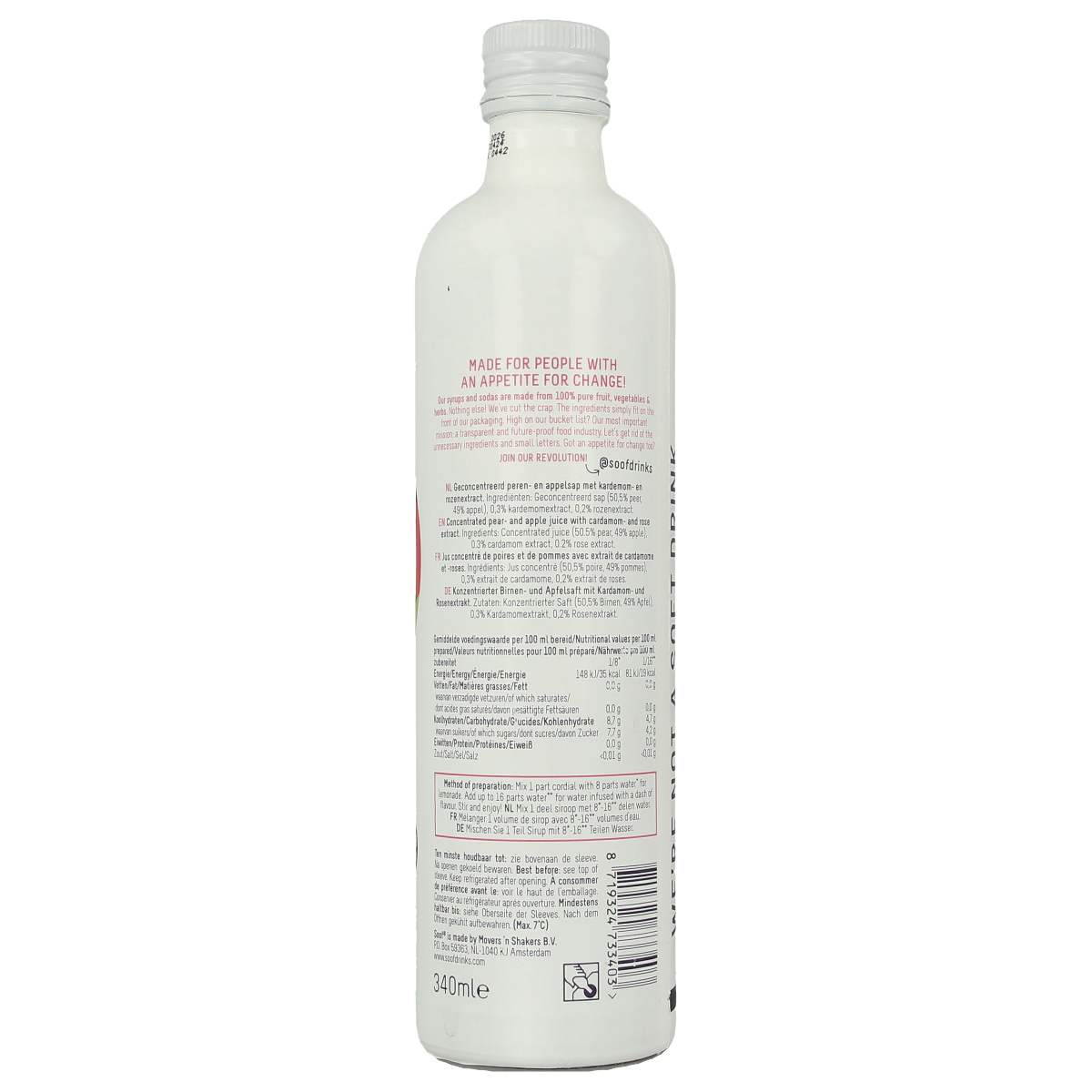 Soof Drinks Kardemom Peer & Appel syrup in 340ml bottle, featuring a clear label with green apple and pear images.