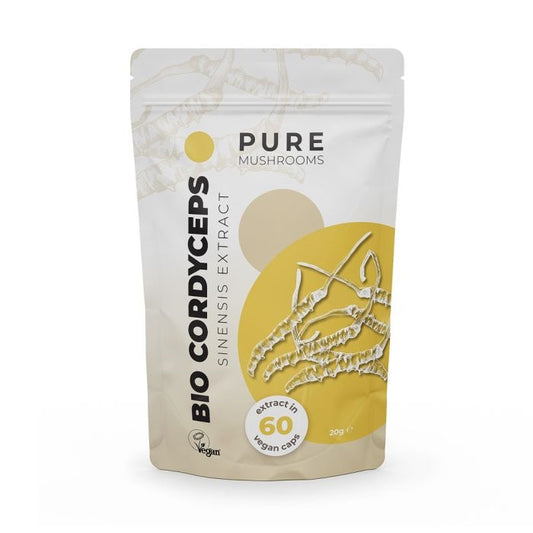 Pure Mushrooms Cordyceps mushroom extract vegetarian capsules, herbal supplement in a blister pack.