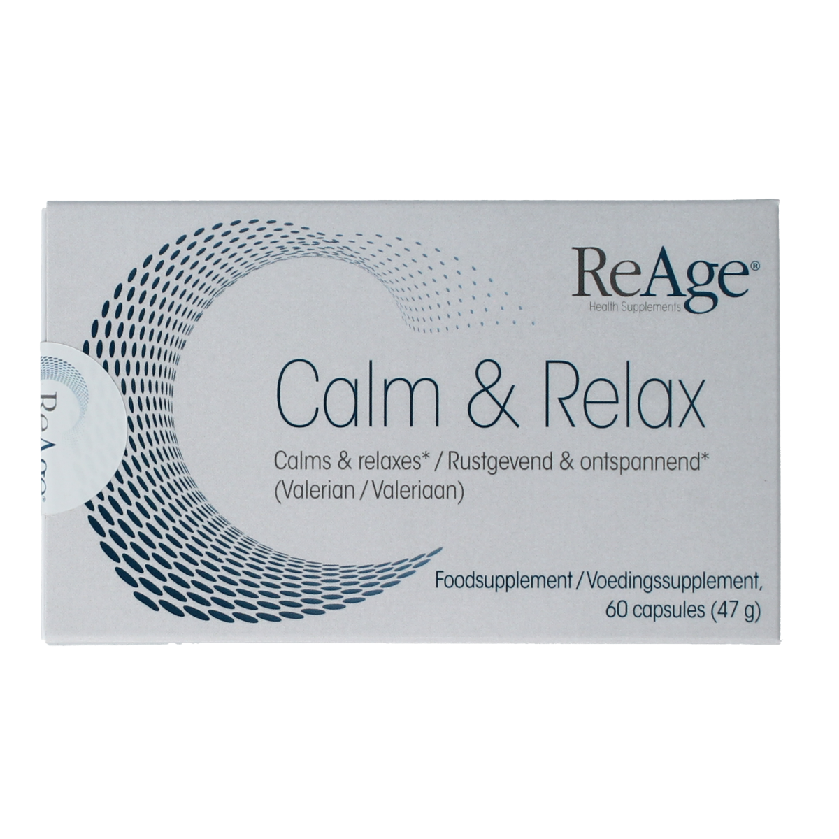 ReAge Calm & Relax capsules, dietary supplement with herbal ingredients, 60 capsules for stress relief and relaxation.
