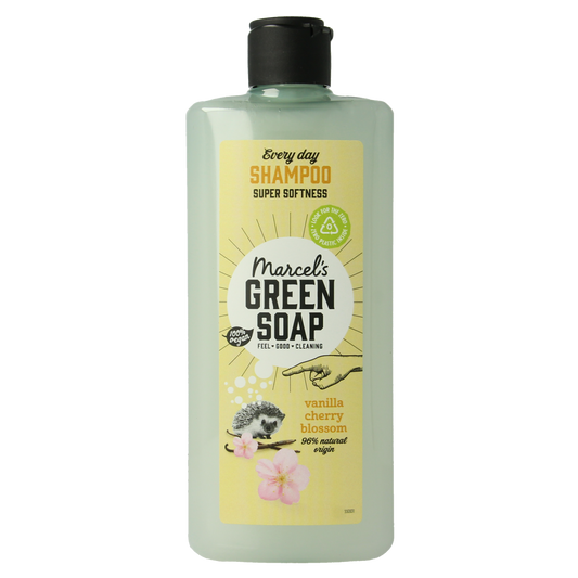 Marcel's Green Soap daily shampoo with vanilla and cherry blossom, 300ml, featuring a clear bottle and floral label design.