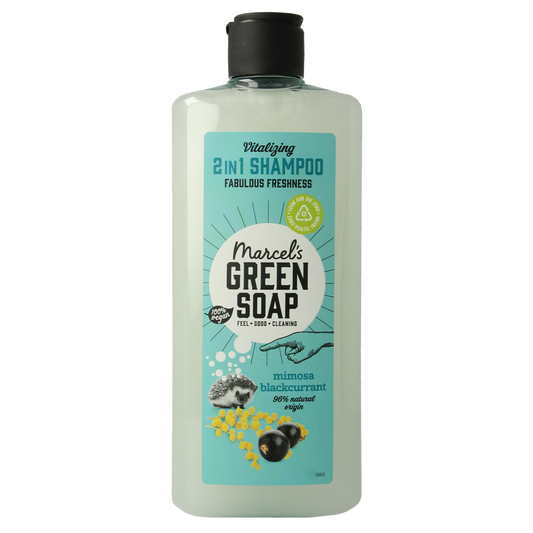 Marcel's Green Soap 2-in-1 shampoo and conditioner with mimosa and black currant for hair care, 300ml bottle.