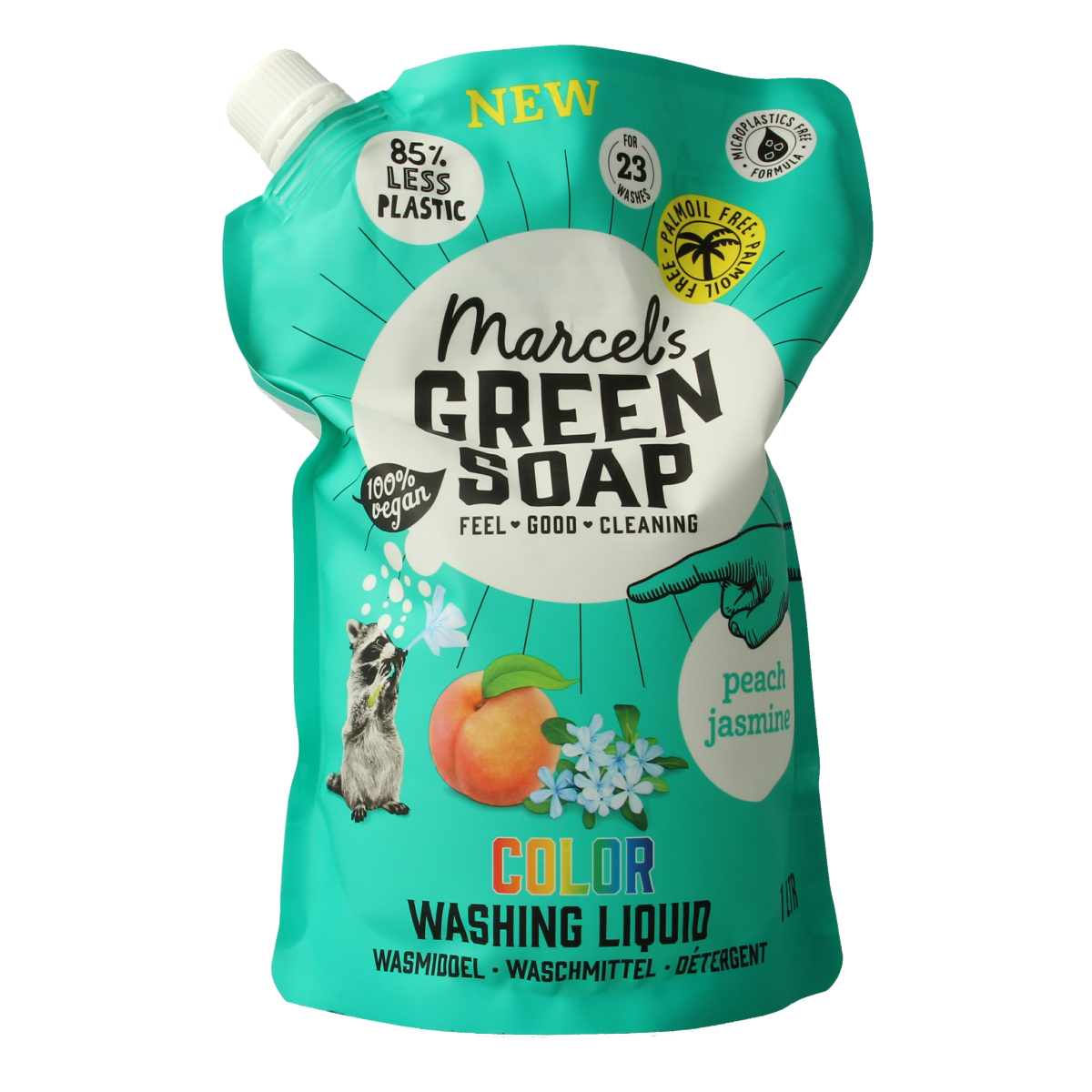 Marcel's Green Soap color laundry detergent refill with peach and jasmine scent, 1-liter bottle for washing clothes.