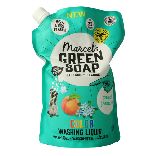 Marcel's Green Soap color laundry detergent refill with peach and jasmine scent, 1-liter bottle for washing clothes.