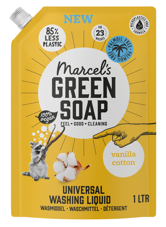 Marcel's Green Soap universeel wasmiddel navulling vanille & katoen, 1 liter, eco-friendly laundry detergent in a refill bottle